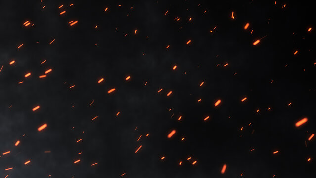 Glowing fire sparks flying up with smoke and haze. Abstract fire particles flowing with the wind. Burning ashes and embers. Bonfire, hot fire flakes on a night sky. Natural disaster, flames.