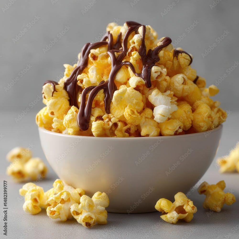 Poster delicious popcorn snack drizzled with chocolate syrup in a bowl, some kernels scattered on the table