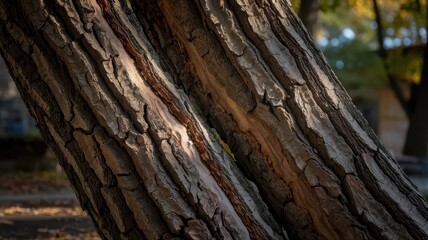 Fototapeta premium Black locust bark photographed from side angle showing dramatic relief with deep crevices and raised ridges illuminated by golden hour sunlight creating shadows that highlight natural texture