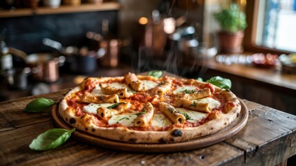 Pizza ciccioli on rustic wooden table with crispy pork pieces on melted cheese and tomato sauce, terracotta plate, fresh basil garnish, blurred Italian kitchen background