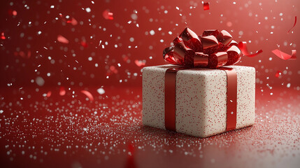 Festive gift box with red ribbon and confetti on red background.