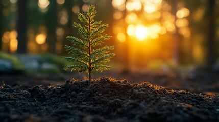 Young sapling planted in forest soil at sunrise.