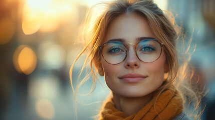 Woman with glasses, outdoors,  portrait,  beautiful,  stylish,  autumn,  golden hour,  happy,  smiling,  confident,  urban,  fashion,  ttrdy,  focus,  eyewear,  accessories.