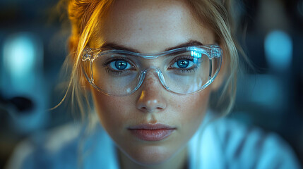 Close-up of a serious young woman scientist in a laboratory wearing safety glasses.