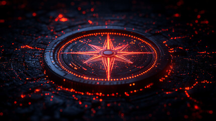 Fiery, glowing compass on dark, textured surface.