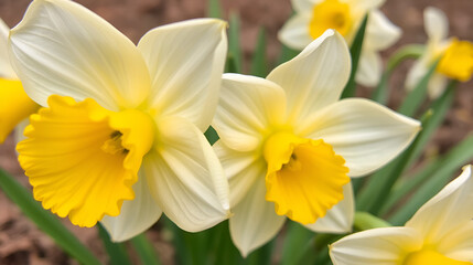 Naklejka premium Narcissus flower showing its vivid yellow trumpet and white perianth petals