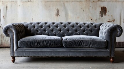 Grey velvet sofa with wooden legs and plush cushions