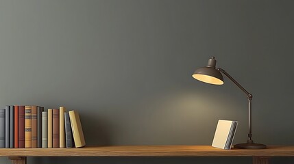 Bookshelf with Vintage Lamp Illuminating an Open Book Against a
