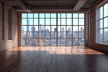 Obraz premium Loft apartment city view hardwood floor brick walls large windows sunlight