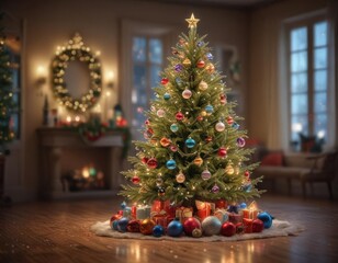 A majestic Christmas tree sparkles with colorful ornaments, surrounded by a dreamy, out-of-focus light display ,  dreamy,  fairy lights