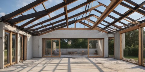 Modern home extension framing, new roof structure, drywall, upgrade, development