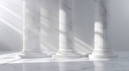 Three elegant marble columns in a sunlit, pristine space