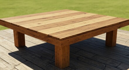 Rustic wooden table on a grassy outdoor patio under bright sunlight