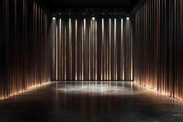 Dark stage with wooden wall and spotlights illuminating empty floor