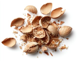 Broken nut shells scattered on a white background