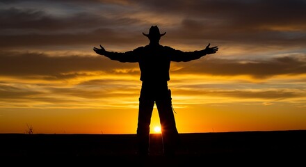 Fototapeta premium Sunset Silhouette: Cowboy's Embrace of Freedom