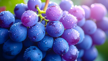 Vibrant Grape Delights: Captivating close-up captures juicy grapes glistening with tiny water droplets, revealing their natural beauty. Revealing the essence of a fruity experience 