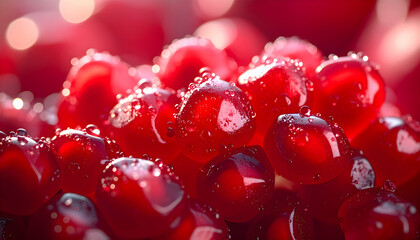 Juicy Pomegranate: A close-up shot of fresh, vibrant pomegranate seeds glistens with tiny water droplets, a tantalizing visual of the fruit's delicious essence.