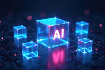 Futuristic 3D AI Cube with Glowing Surrounding Cubes on Circuit Board