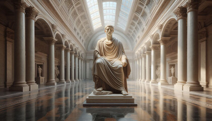 Fototapeta premium Ancient Roman Marble Statue in Grand Museum Interior with Classical Architecture and Latin Inscriptions