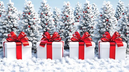 Festive Christmas Scene with White Trees and Red Gift Boxes