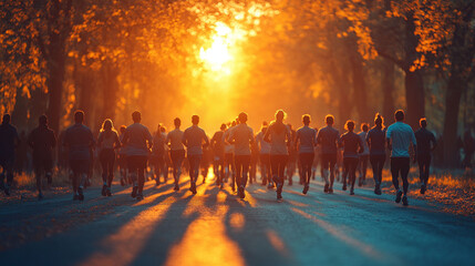 A large group of runners jogging in a park at sunset.