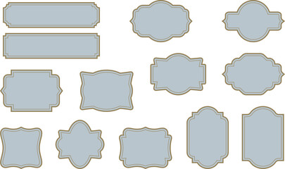 Classic vintage labels with elegant gold frame and blue background. Decorative badges for premium packaging, wedding invitations and boutique branding. Vector illustration set, template, blank space