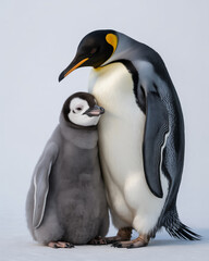 Animals in Focus on White Background &ndash; Penguin Chick Snuggling into Parent