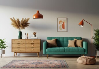 A cozy living room features a green sofa with pillows and a wooden cabinet with decor