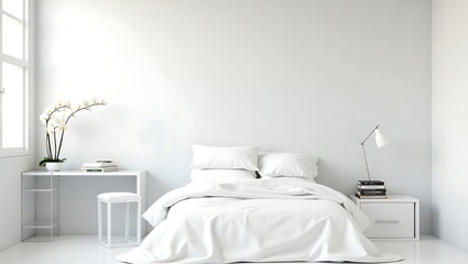 Glossy white bedroom lacquered surfaces, a transparent acrylic desk, and a single orchid, rendered in high-gloss 3D style