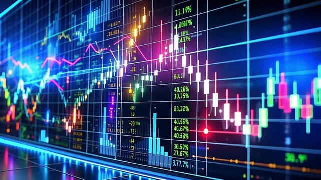 Vibrant stock market trading screen displaying fluctuating financial data and graphs