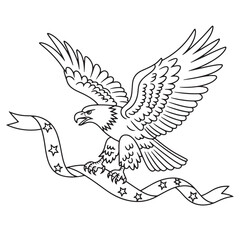 Flying Bald Eagle with Stars and Banner Line Art Coloring Pages