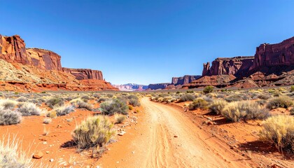 Scenic Desert Landscape with Red Rock Formations and Dirt Road U