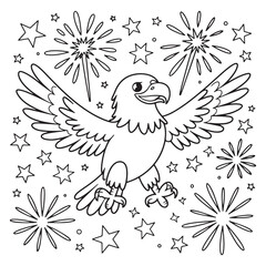 Bald Eagle with Fireworks and Stars Coloring Page
