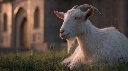 Fototapeta premium Peaceful white goat resting in a grassy area.