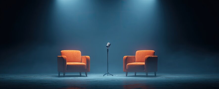 Empty Stage with Orange Armchairs and Microphone