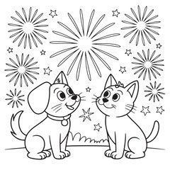 Patriotic Dog and Cat Watching Fireworks Coloring Page
