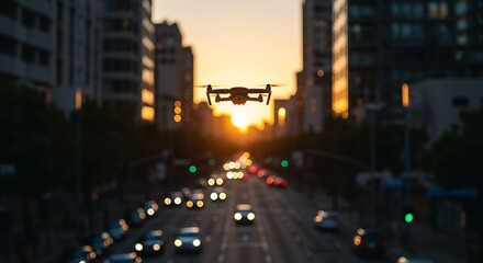 Drone hovers above city street at sunset, cars blur below, buildings frame the golden light