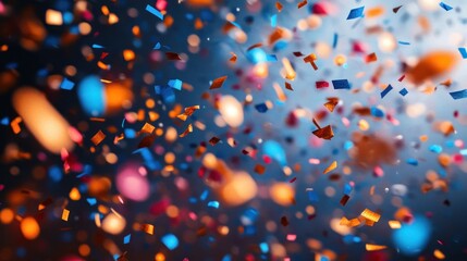 Celebration Confetti Burst: A vibrant explosion of colorful confetti against a dark blue backdrop, capturing the essence of joy and festivity.