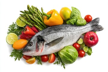 Fresh seafood and colorful vegetables arranged artistically