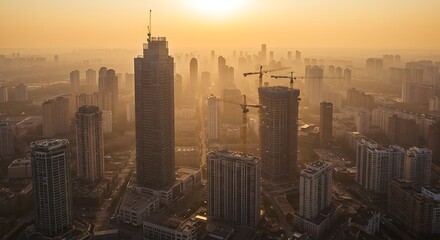 Golden Haze Over Cityscape: Skyscrapers and Construction Cranes at Sunset