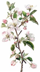 Detailed Botanical Watercolor of Apple Blossom Branch