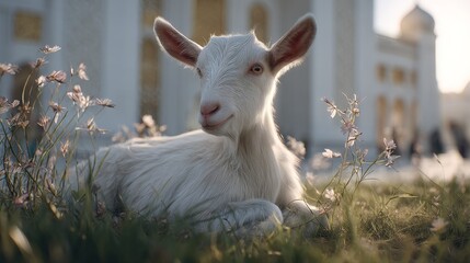 White goat kid resting in grassy field near a building.