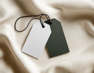 Two blank price tags on beige fabric