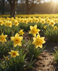Glistening yellow daffodil petals, sunlit field, vibrant blooms ,  light,  background,  detail