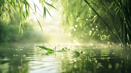 Fototapeta premium Sunlit Bamboo Forest Reflection Over Calm Water Surface with Green Leaves in Nature