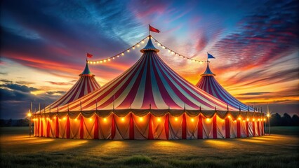 Fototapeta premium Circus tent illuminated at dusk, vibrant colors glowing, tent, festive atmosphere, tent, festive atmosphere, canopy, evening