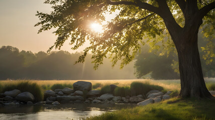 _capture a serene atmospheric scene by avoiding harsh peak sun between 11AM and 6PM, instead opting for a soft, warm, and gentle natural light 