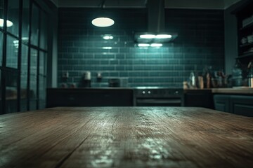 Modern kitchen at night, empty wooden table