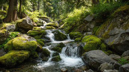 Small Waterfall in Green Forest: Mossy Rocks and Flowing Water
